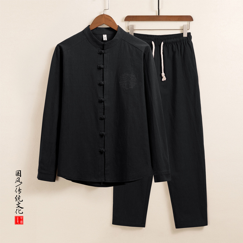 Chinese Style Cotton Linen Pajamas suit Men's Autumn Long-sleeved Trousers Chinese-style Buckle Linen Household Dad Outfit