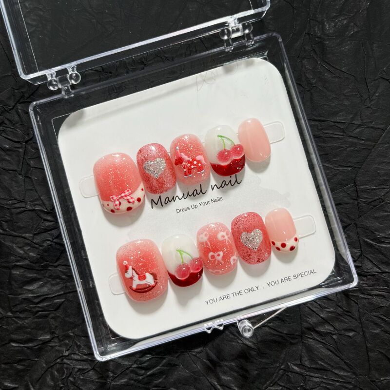 [New Year Pink Horse] Purely Handmade Cute Cartoon Girl Short Round Wearable Nail Stickers Removable A698