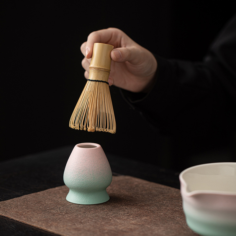 日式螺纹抹茶四件套渐变陶瓷打抹茶工具点茶碗茶筅托茶刷百本立|undefined