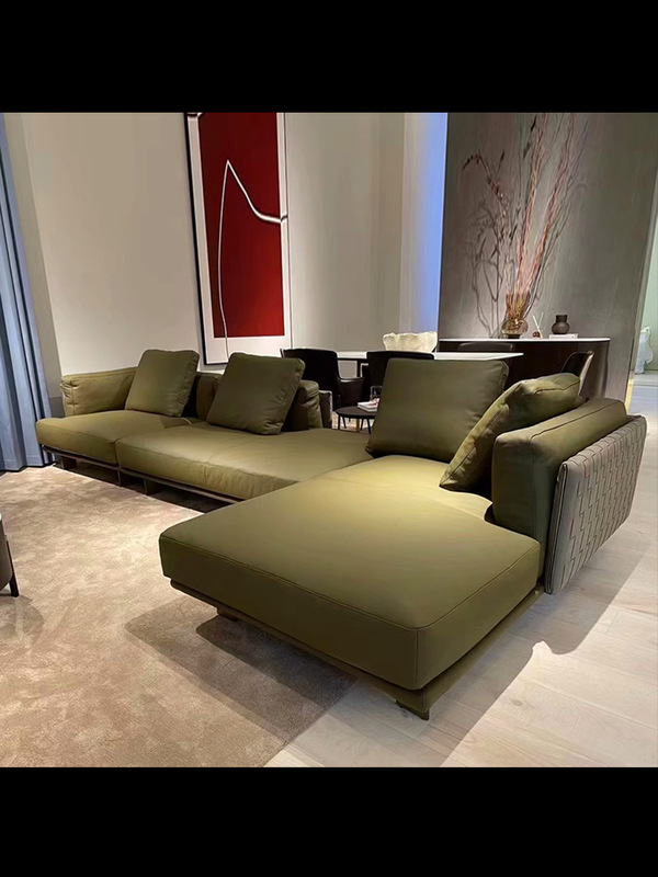 Italian Minimalist Leather Sofa Living Room Straight Combination Large Flat Floor Classy House Cestone Woven Leather Sofa