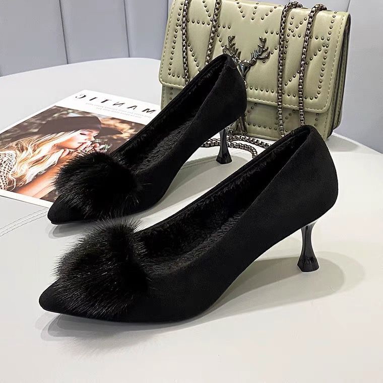 2024 New Autumn and Winter Stiletto Fur Shoes for Women, Cat Heel Pointed Toe Flats, Women's High Heels, Genuine Mink Fur Cotton Scoop Shoes