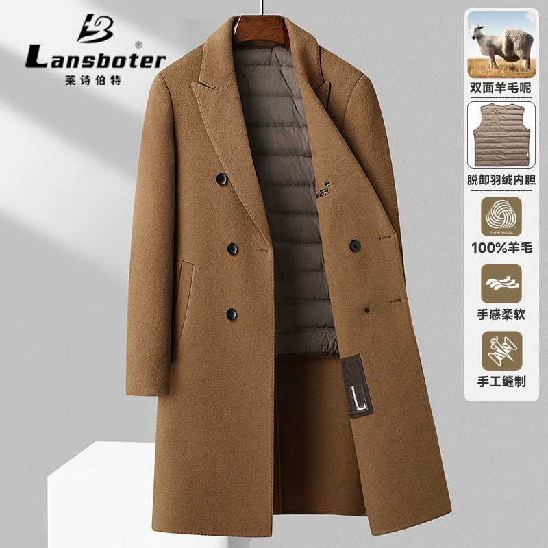 Двустороннее шерстяное пальто длиной до колена из 100% шерсти, осень-зима 2025, мужское, с пуховой подкладкой
