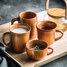 外贸日式复古木质杯子木制手柄咖啡杯牛奶杯泡茶杯学生喝水杯