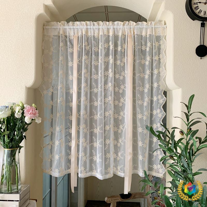 ⇕ Korean-Style Pastoral Embroidered Window Sheer Curtain, Pull-Up Curtain, Lace Sheer Curtain, No-Drill Magic Tape Partition for Bay Windows