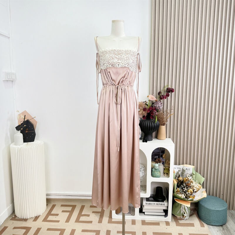 "Rosewood Color" French-Style Satin Lace Patchwork Dress 2026 Summer Waist-Cinching Spaghetti Strap Long Dress