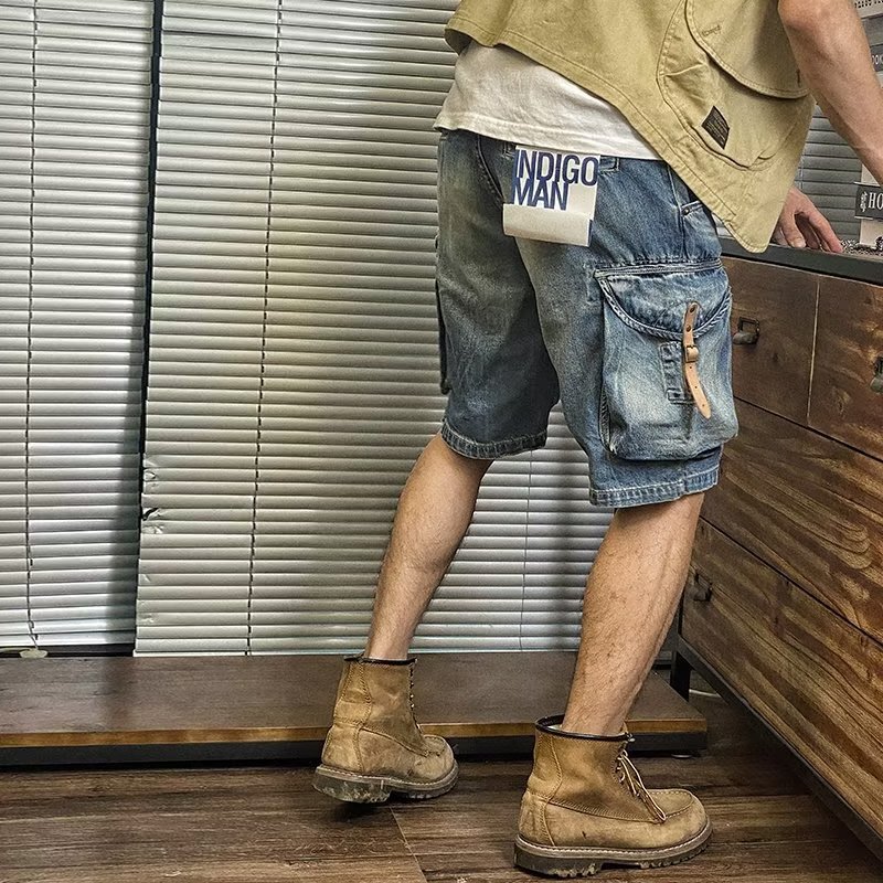American Style Washed Denim Shorts Men's Summer Thin Loose Straight Tooling Pants Trendy Brand Casual Five-Six Pants