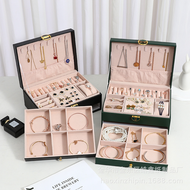 Nueva caja de joyería de doble capa hogar simple caja de almacenamiento de joyería con cerradura portátil de gran capacidad caja de embalaje de joyería al por mayor