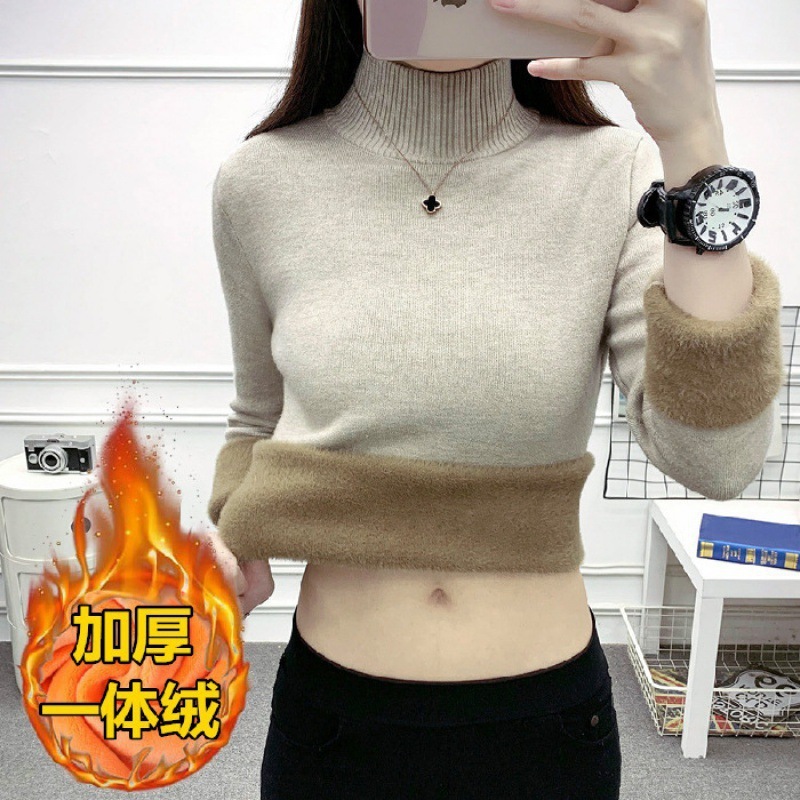 一体のベルベットの半高襟のセーターの底のシャツの女性のベルベットの厚いニットの秋の冬の中に暖かい服を着ます|undefined