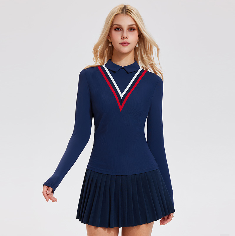Nuevo deporte transfronterizo de mangas largas, camisa de polo elástica transpirable, tenis, ropa de fitness, set de fitness