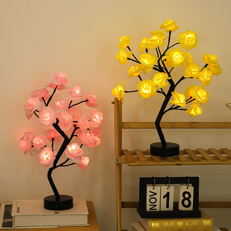 Transfronterizo nuevo artificial Rose Tree forma de luz LED luz de la noche caja de batería USB decoración interior atmósfera luz de color