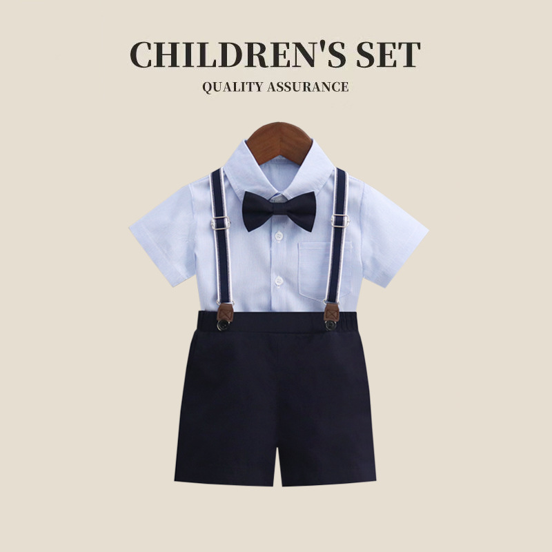 Children's Clothing Summer Boys' Short-Sleeved Overalls Suit Cotton White Shirt Birthday Performance Clothing Kidsren's Korean Clothing