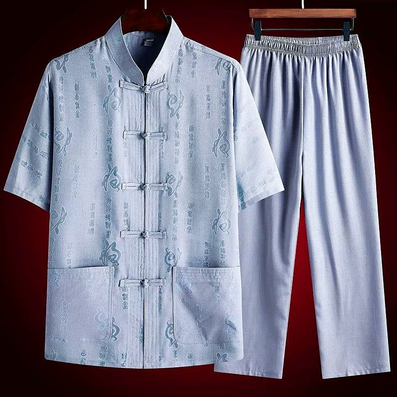 Костюм Тан, мужской повседневный костюм с короткими рукавами, летняя одежда для папы, для людей среднего и пожилого возраста, мужская летняя одежда для Дедушки в китайском стиле ханьфу