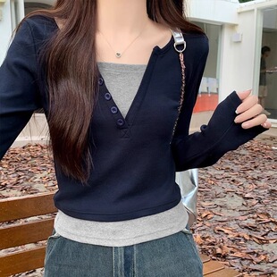 [Lightning Warehouse Hot Style] Contrast Color Fake Two-Piece V Neck Long Sleeve T-Shirt Women's Spring and Autumn Slim Short Bottoming Shirt Top