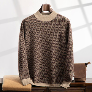 Autumn and Winter New Men's Mountain Cashmere Sweater Mock High Collar Jacquard Long Sleeve Casual Business Loose Cashmere Sweater Knitted Sweater