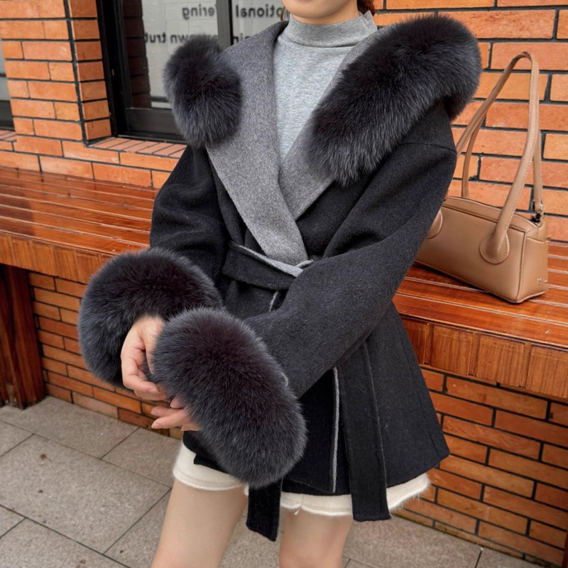 2025 Autumn and Winter Fox Fur Hooded Double-Sided Cashmere Coat for Women, High-End Slimming New Woolen Coat