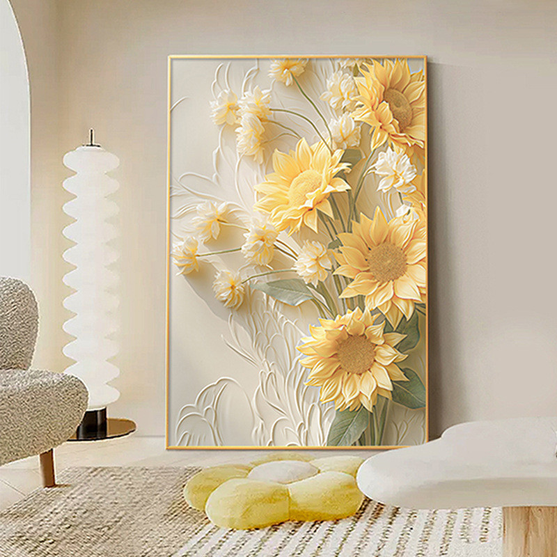 クリームひまわりリビングルームソファ背景壁装飾絵画ハイエンドテクスチャ床壁画玄関廊下吊り絵画|undefined