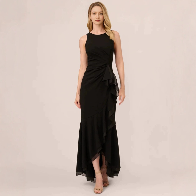 Cross-border European and American wedding guest dress, women's black round-neck, sleeveless, fishtail, ruffled hem, floor-length evening gown Cross-border European and American wedding guest dress, women's black round-neck, sleeveless, fishtail, ruffled hem, floor-length evening gown