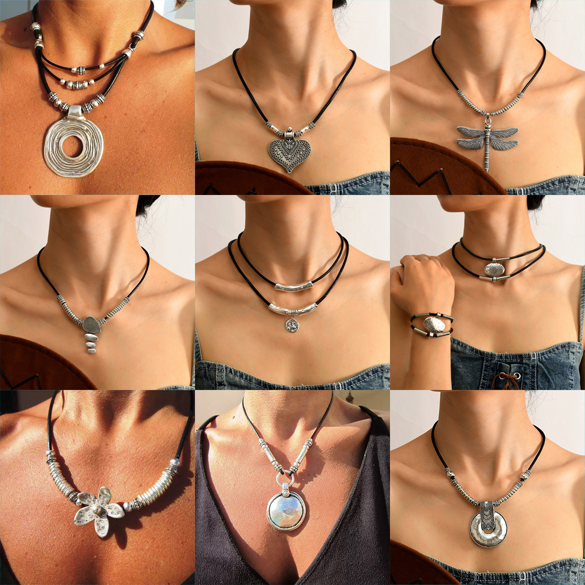 Cross-Border Cowhide Rope Round Alloy Pendant Necklace Clavicle Chain Niche Fashion Literary Retro Style Necklace for Women