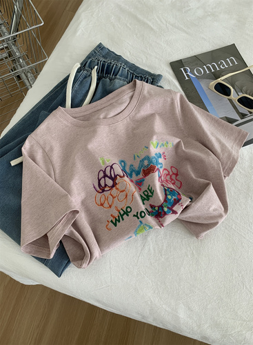 Designer Gray Pink Gingham Pure Cotton T-shirt for Women, Youthful Korean Style Loose Round Neck Color Point Cartoon Print Short Sleeve Top for Summer
