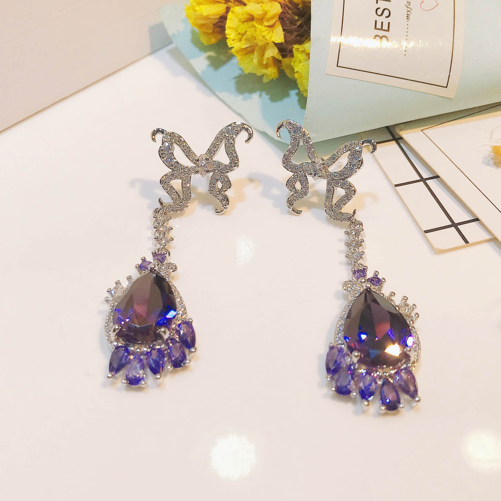 Designer Butterfly Earrings Water Drop Pear-shaped Amethyst Zircon Copper Earrings display picture 5