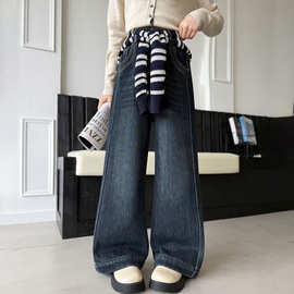 女童加绒裤子秋冬款2025新款冬装大童时尚刺绣儿童牛仔阔腿裤