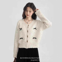 韩系彩点针织开衫女2025秋冬季新款圆领蝴蝶结毛衣女装针织衫上衣