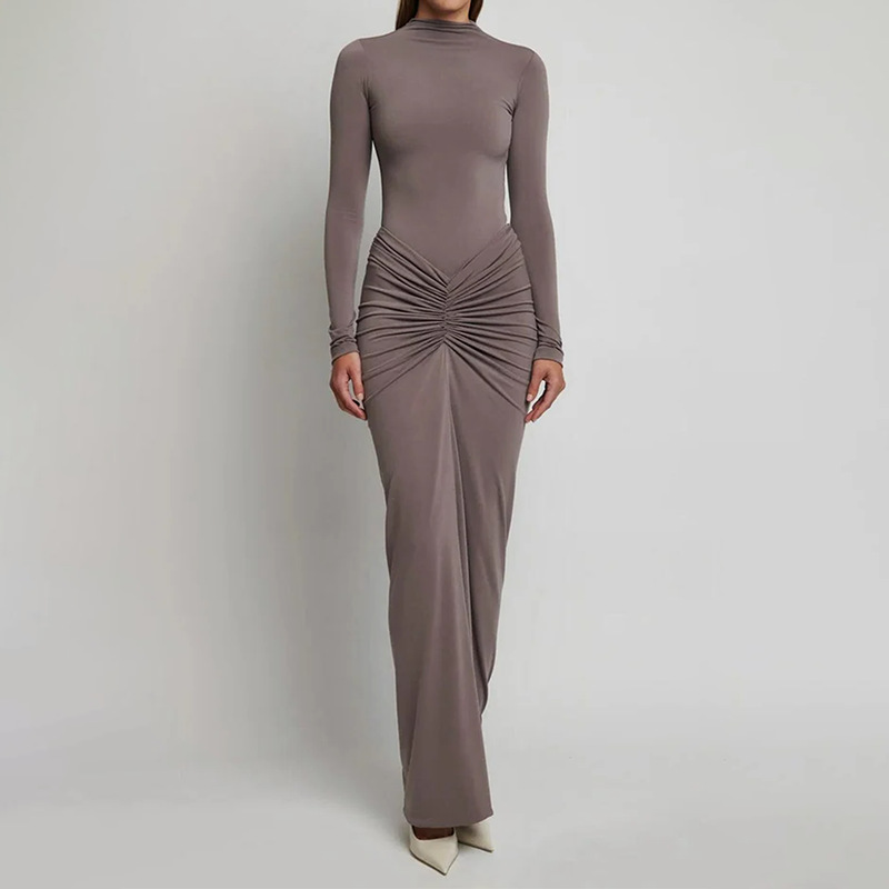 2025 Autumn Winter New Cross-Border European And American Foreign Trade Sexy Waist Slimming Solid Color Long Elegant_ecoleips.com