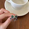 Square chain emerald, retro trend earrings, 925 sample silver, with gem