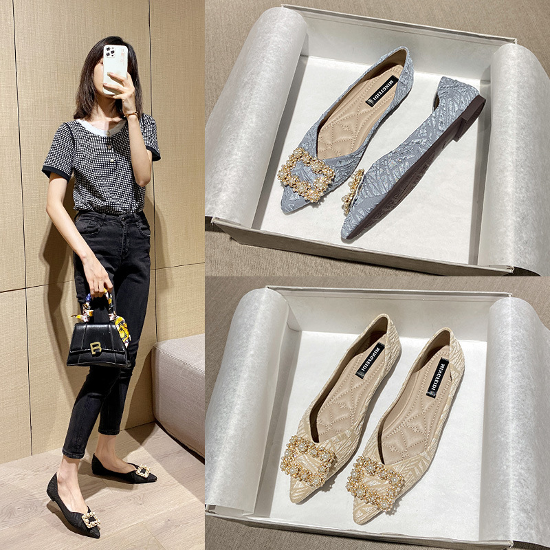 Zapatos de una sola capa para las mujeres 2023 nueva primavera y otoño tods de corte bajo todo el Partido rhinestone estilo de hadas de fondo suave señaló bombas planas