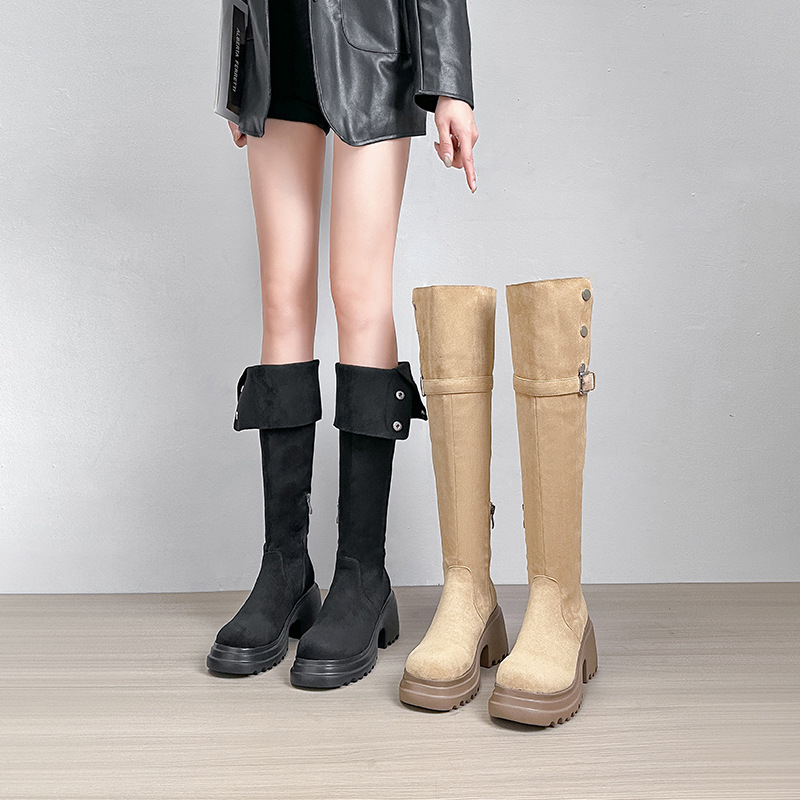 Suede Over-the-Knee Boots Women's Thick Bottom Elastic Widened fleece-lined Boots 2024 New Style Boots Short Boots