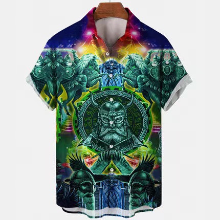 Comercio exterior transfronterizo de los hombres primavera europea y americana nueva solapa impresa en 3D manga corta a rayas retro camisa casual hombres al por mayor