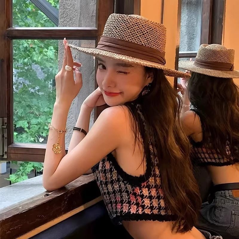 [Box + Hat Support] Old Money Style Hollow Flat Top Straw Hat For Women, Summer Beach Vacation Woven Sun Hat, French Style - Thumbnail 4
