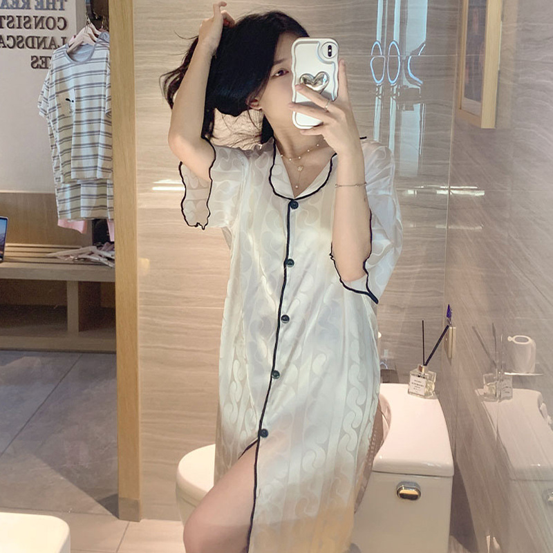 2023 camisón de seda de hielo Jacquard de verano de las mujeres de manga corta delgada cardigan casual simple solapa de seda ropa para el hogar vestido