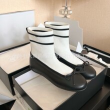 莞产高定小香风真皮蝴蝶结弹力袜子靴女26圆头拼色休闲芭蕾舞袜靴