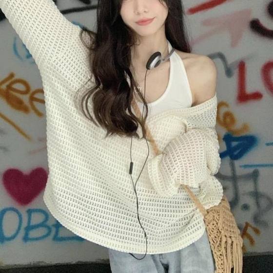 Lazy Style Design Sense Hollow-out Long-sleeved V-neck Sweater Women's Summer Loose Sun-protective Shirt Top Thin Cardigan for Summer