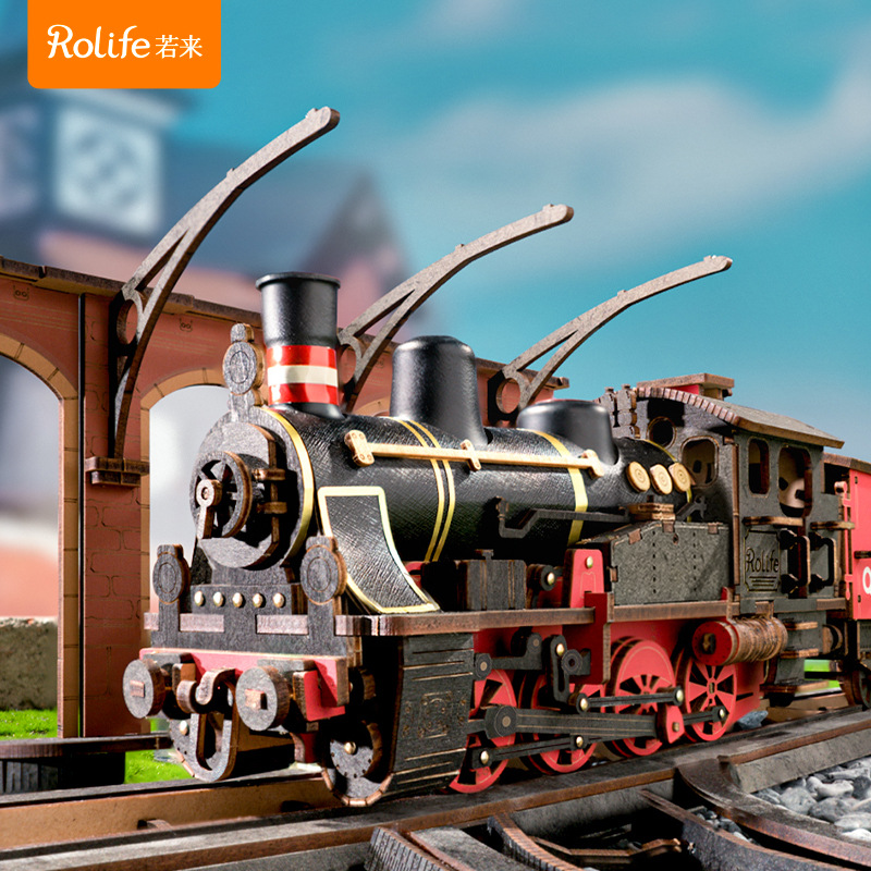 Rollife Ruo Lai tren de vapor bloques de construcción de madera ensamblados modelo de juguete 3d rompecabezas tridimensional niño adulto