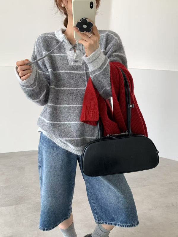 秋冬新款毛衣女2025韩系撞色条纹休闲手工穿绳慵懒风系带针织上衣|undefined