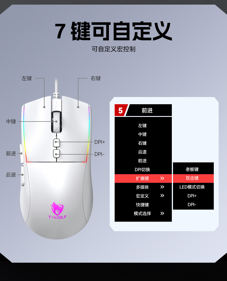 T-WOLF雷狼G510游戏鼠标有线7键电竞机械RGB跑马灯宏驱动自定义