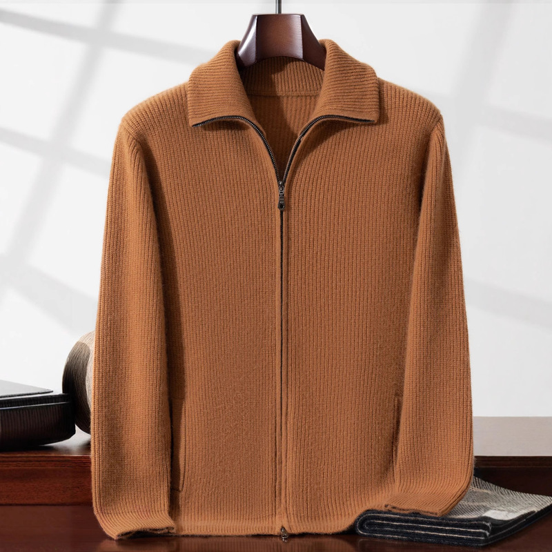 100% Pure Cashmere｜Men's Lapel Full-Zip Business Casual Jacket, Thickened Ribbed Knit Cardigan