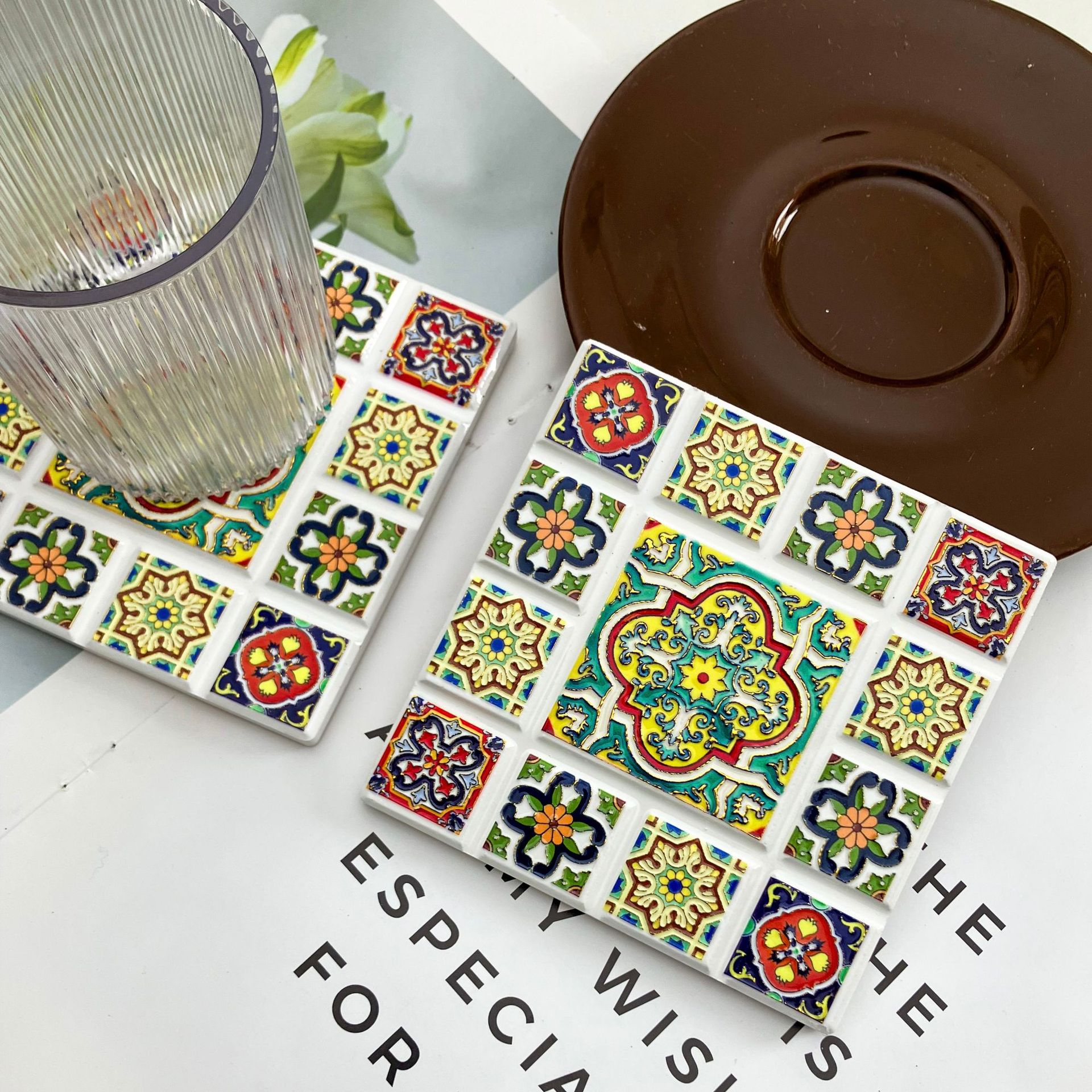 Transfronterizos nueva forma de chocolate cuadrado 3D estampado en relieve estampado taza almohadilla aislante de corcho estilo nacional retro