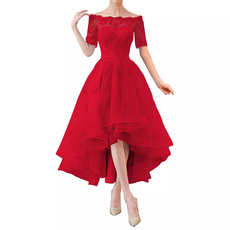 Aliexpress 2025 New One-Shoulder Floral High-Low Prom Evening Dress, Mid-Sleeve Sexy Off-Shoulder Bridesmaid Dress