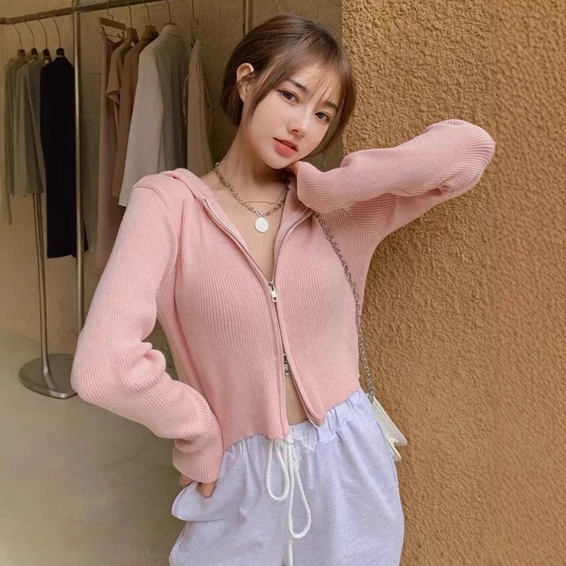 山东即墨双拉链灰色长袖卫衣女春秋连帽开衫洋气显瘦短款螺纹外套|undefined