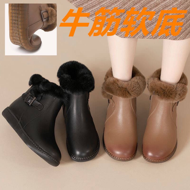 品牌断码特价平底短靴女冬季妈妈鞋防滑棉鞋中老年软底加绒雪地靴