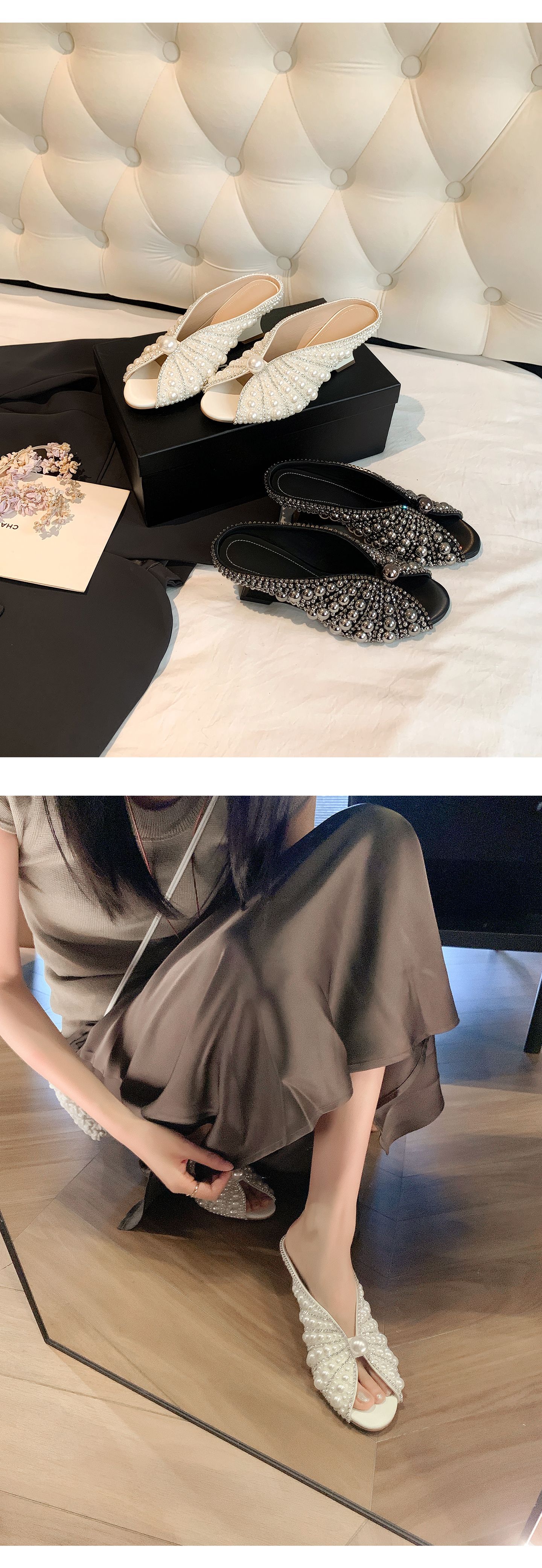 Sandal cao gót nữ mũi peep-toe đính ngọc trai, gót xuồng platform, phù hợp tiệc tùng — màu đen, màu trắng chi tiết 15