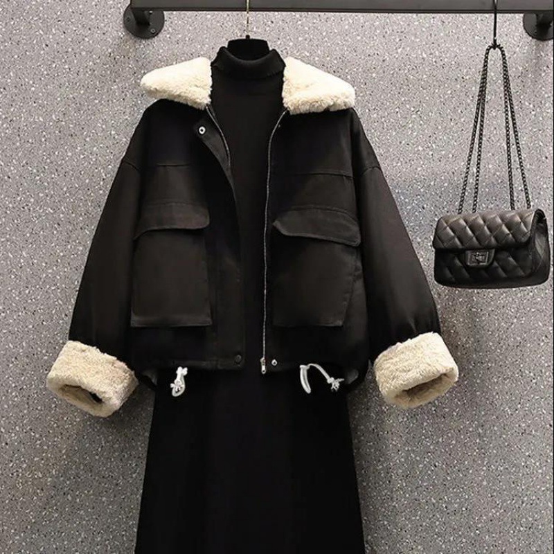 Winter Set Women's 2023 New Suede Collar Casual Cotton Dress Versatile Coat Fat mm Dress Cover Two Piece Set