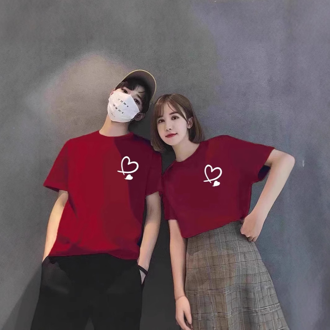 동남아 커플 티셔츠 버건디 해 스네이크 트렌디 청소년 올매치 캐주얼 반팔 티셔츠 루즈 플러스 사이즈 탑