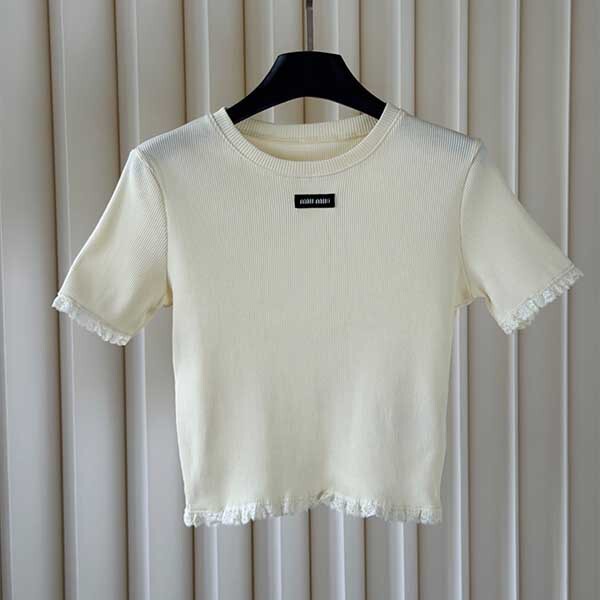 Nanyou High-End Version Miu, 26 Summer Lace Trim Knit Round Neck Slim Fit Lace Short Pure Cotton T-Shirt for Women Nanyou High-End Version Miu, 26 Summer Lace Trim Knit Round Neck Slim Fit Lace Short Pure Cotton T-Shirt for Women