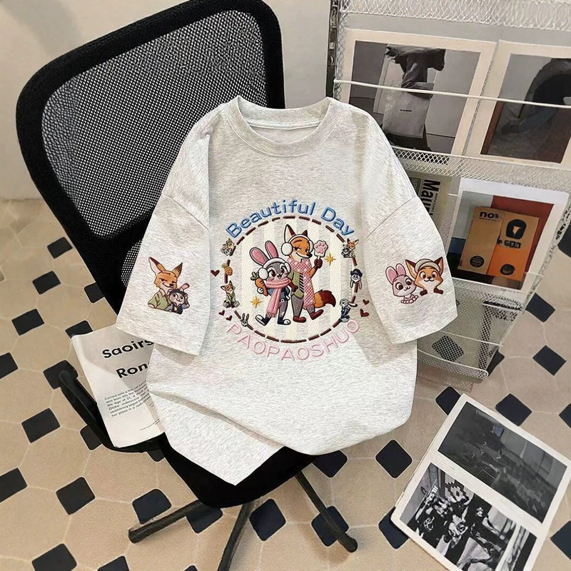 Pure Cotton Back-Neck Design Cute and Sweet Trendy Summer New Cartoon Print Short-Sleeve T-Shirt Dopamine Style for Men and Women