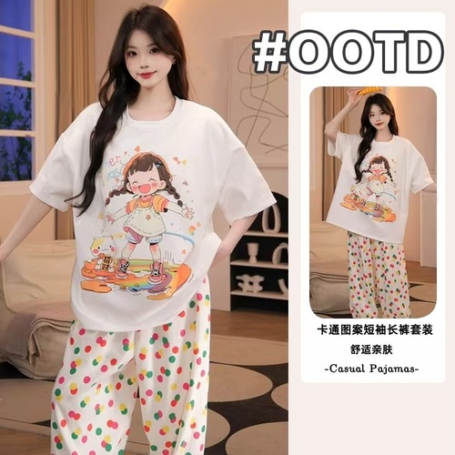 Korean-style cute cartoon print short-sleeved women's pajama set with loose casual pants, home wear set, wearable outside