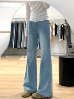 Светло-голубые джинсы Tencel Bootcut для женщин, летние тонкие брюки большого размера с высокой талией, утягивающие брюки из ледяного шелка, расклешенные брюки-подковы